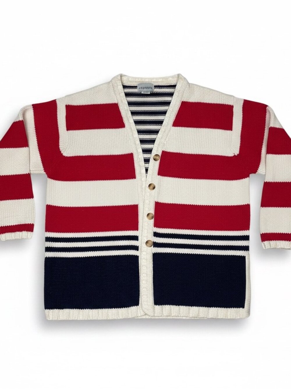 Vintage Capezio Chunky Knit Cardigan Sweater Red White Blue Striped Medium